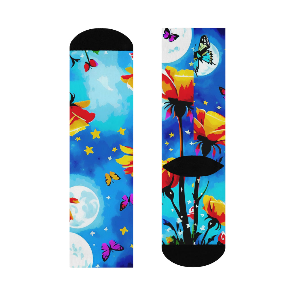 Butterfly Moon Floral Cushioned Crew Socks | Blue Night Sky Socks