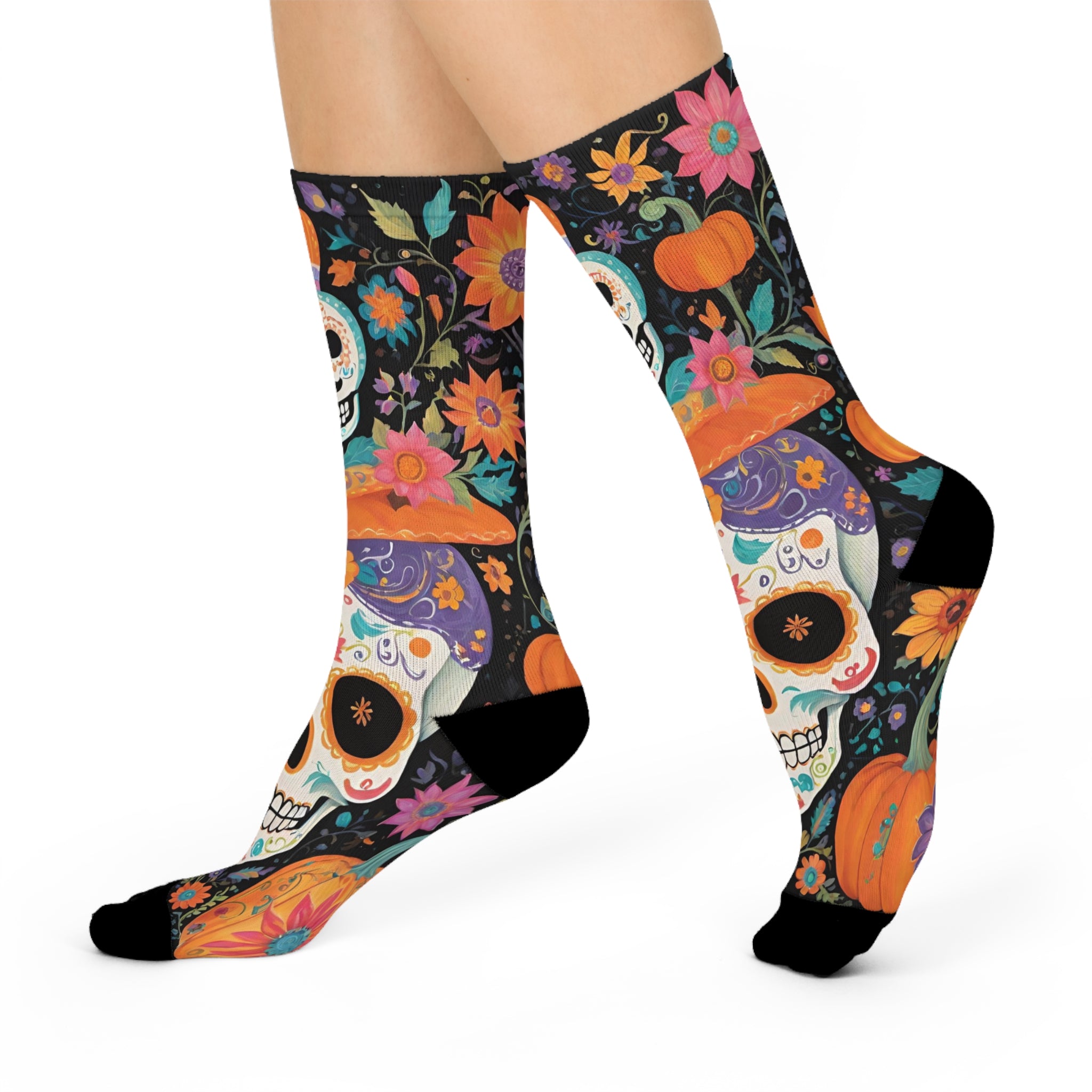 Sugar Skull Pumpkin Socks | Crew Socks, Day of the Dead Floral Pattern