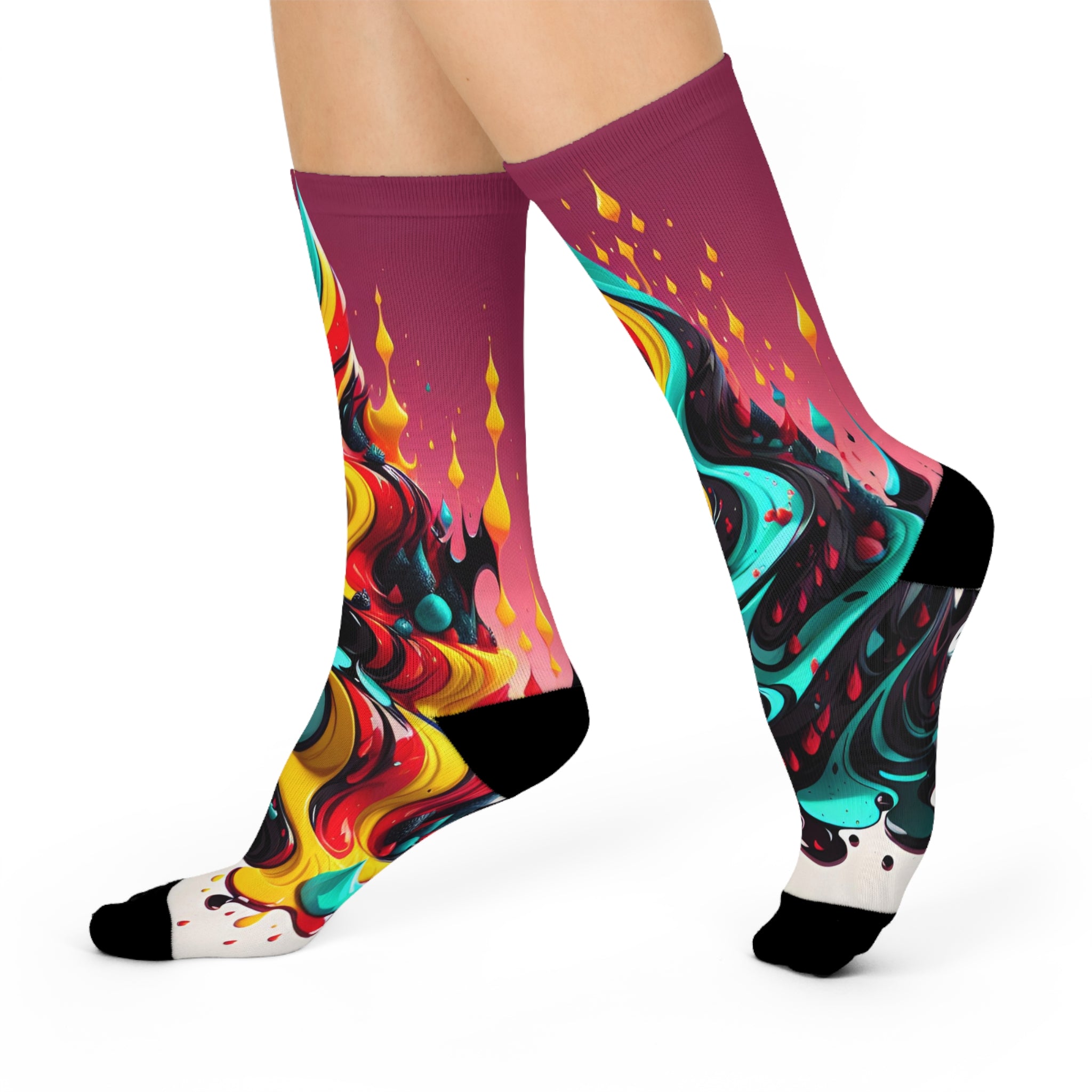 Psychedelic Neon Flame Crew Socks Abstract Melting Liquid Art Socks Surreal Graffiti Wave Socks Vibrant Colorful Streetwear Footwear