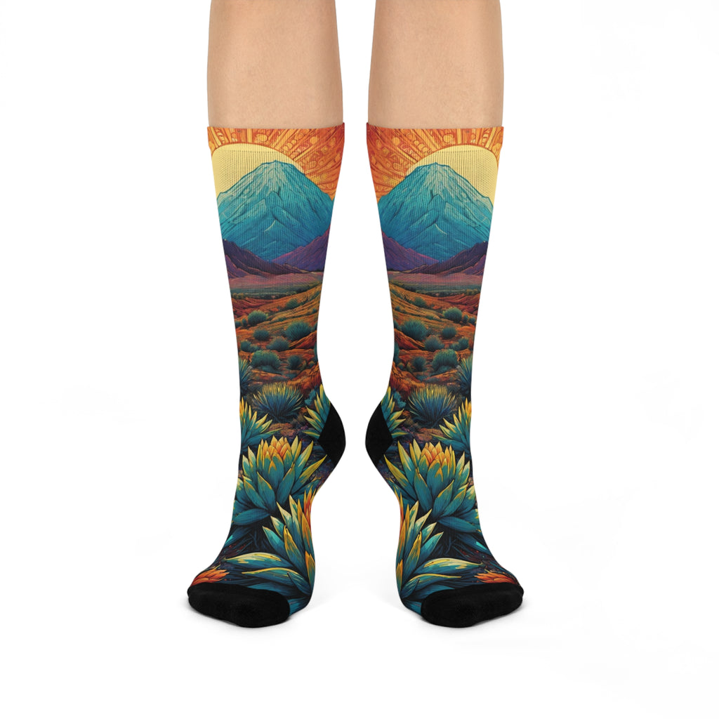Golden Agave Desert Sunrise Crew Socks - Vibrant Southwest Landscape Art