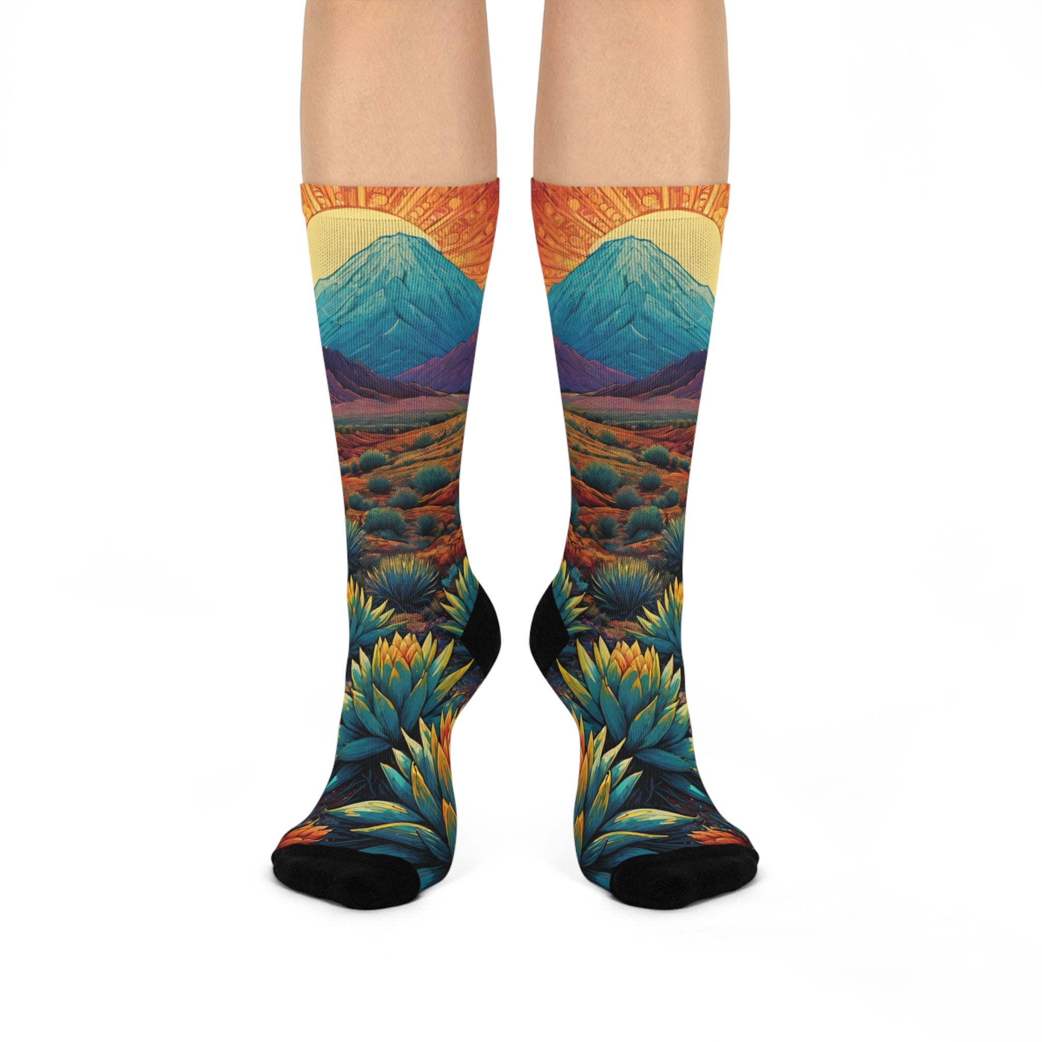 Golden Agave Desert Sunrise Crew Socks - Vibrant Southwest Landscape Art