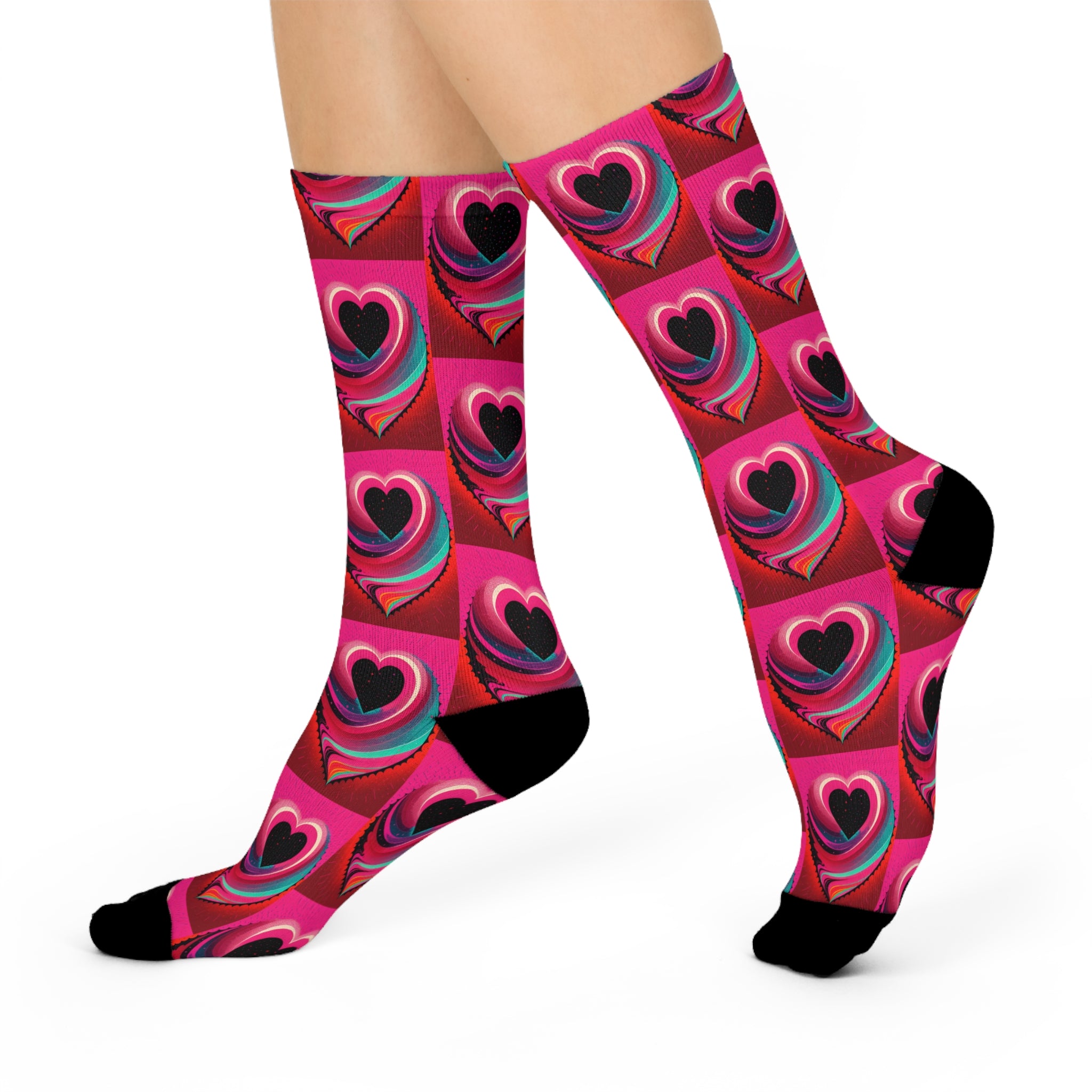 Swirling Pink Hearts Crew Socks - Artistic Vibrant Love Pattern Socks.