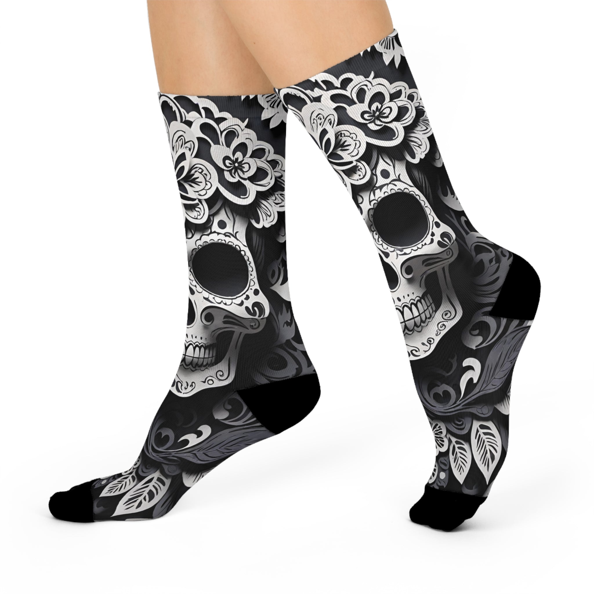 Sugar Skull Floral Cushioned Crew Socks | Day of the Dead Black White