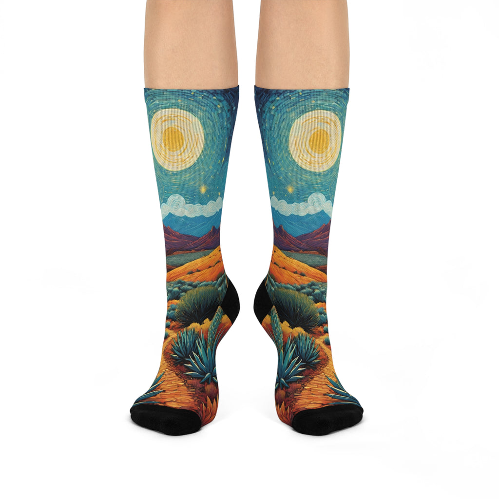 Desert Walking Nightscape Cushioned Crew Socks | Moonlit Mountains, Cactus Trail