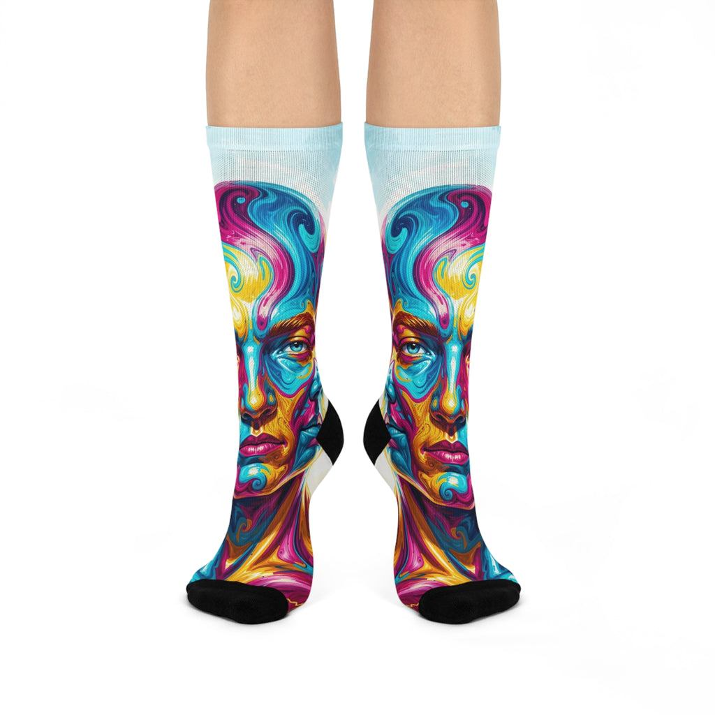 Psychedelic Cosmic Mind Crew Socks - Colorful Surreal Abstract Face Long Socks; Vibrant Spiritual Swirl Pattern Apparel.