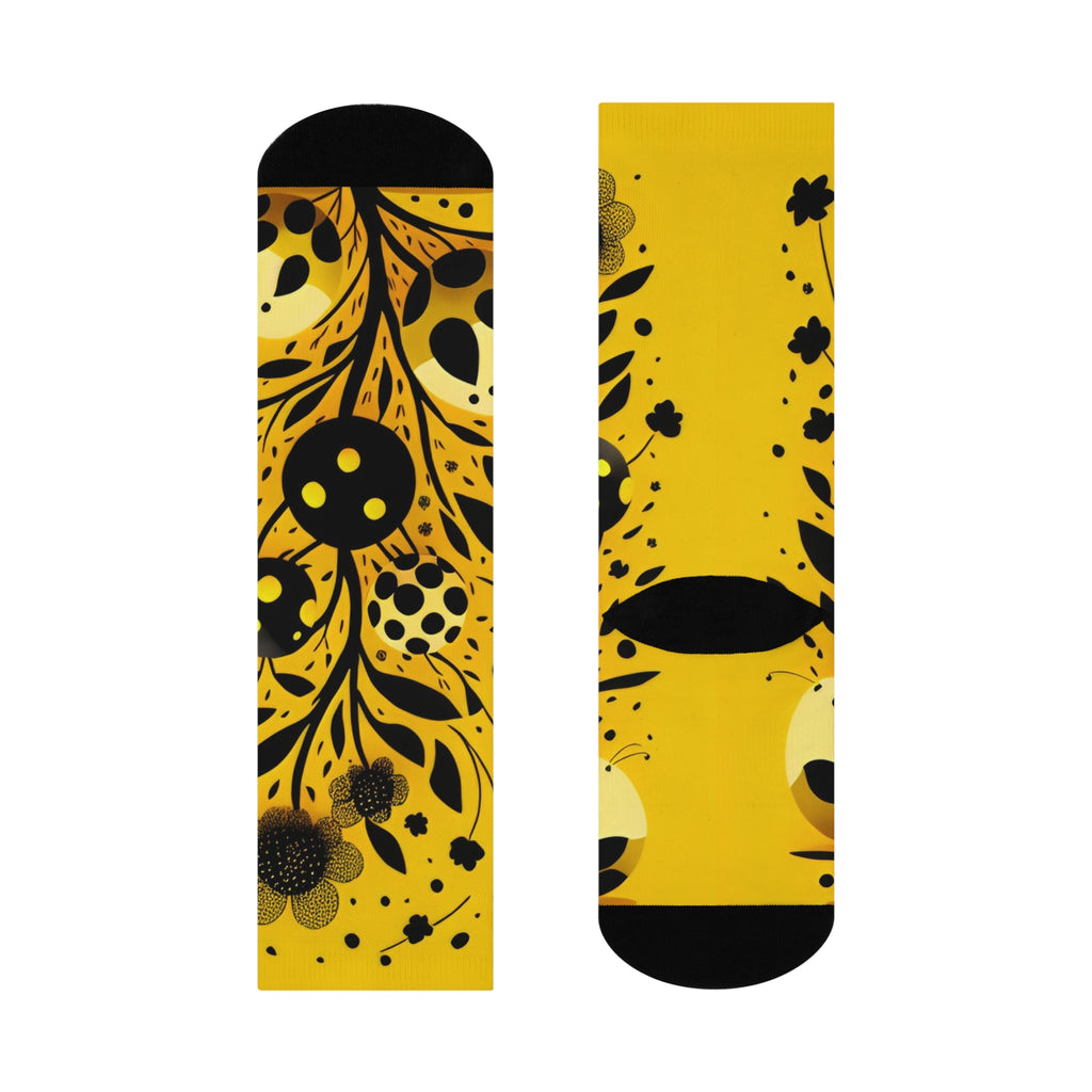 The Golden Botanical Meadow Socks- Mustard Yellow Floral & leaf silhouette Art