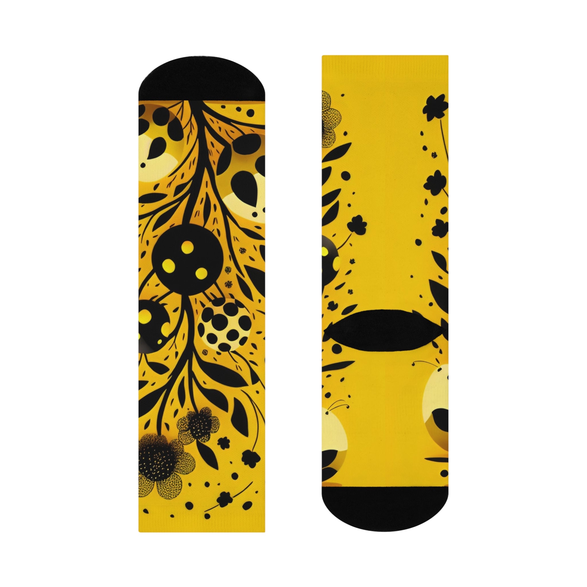 The Golden Botanical Meadow Socks- Mustard Yellow Floral & leaf silhouette Art