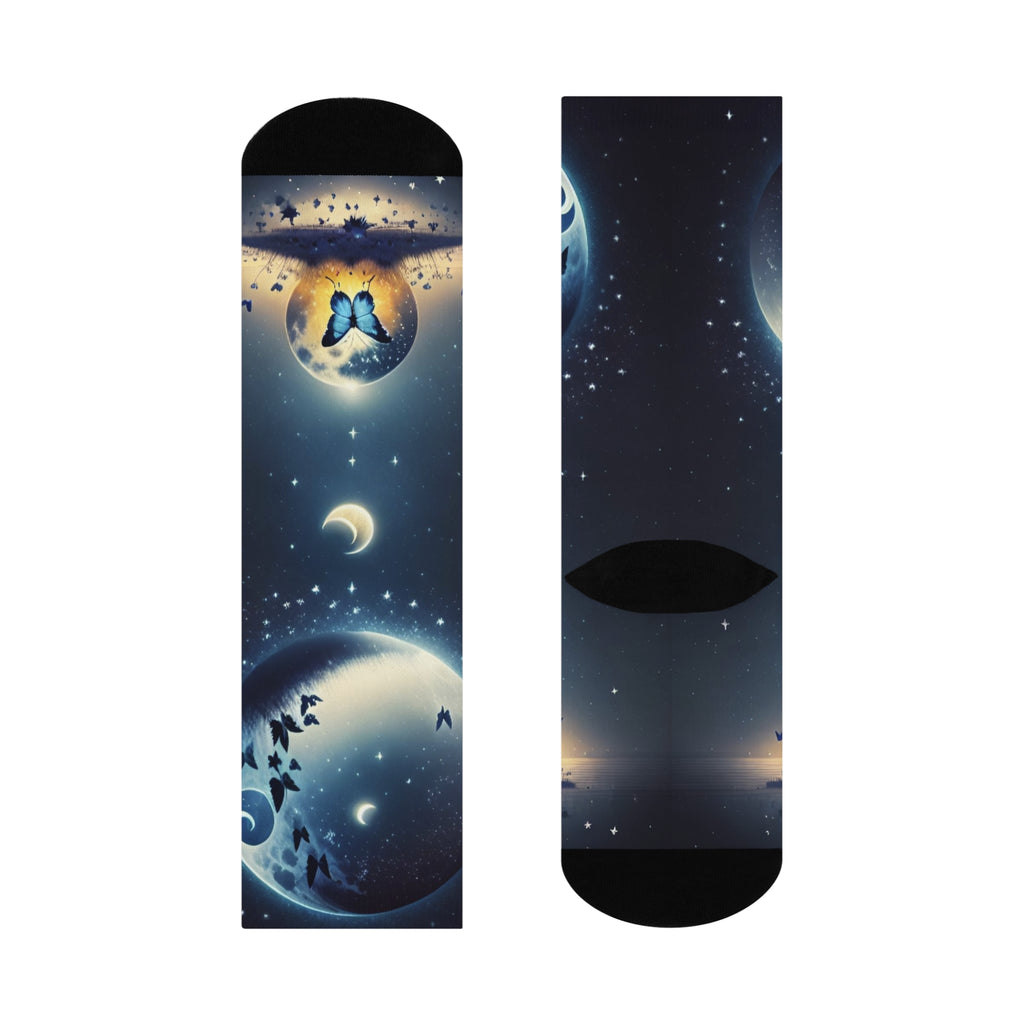 Celestial Butterfly Galaxy Socks - Cosmic Moonlight and Butterfly Silhouette