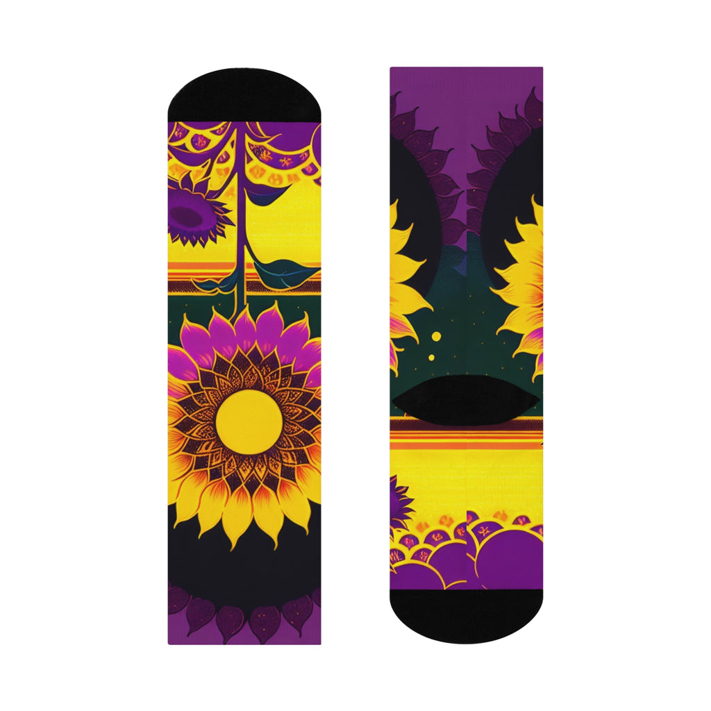 Artistic Sunflower Long Socks - Bold Purple and Gold Floral Crew socks-
