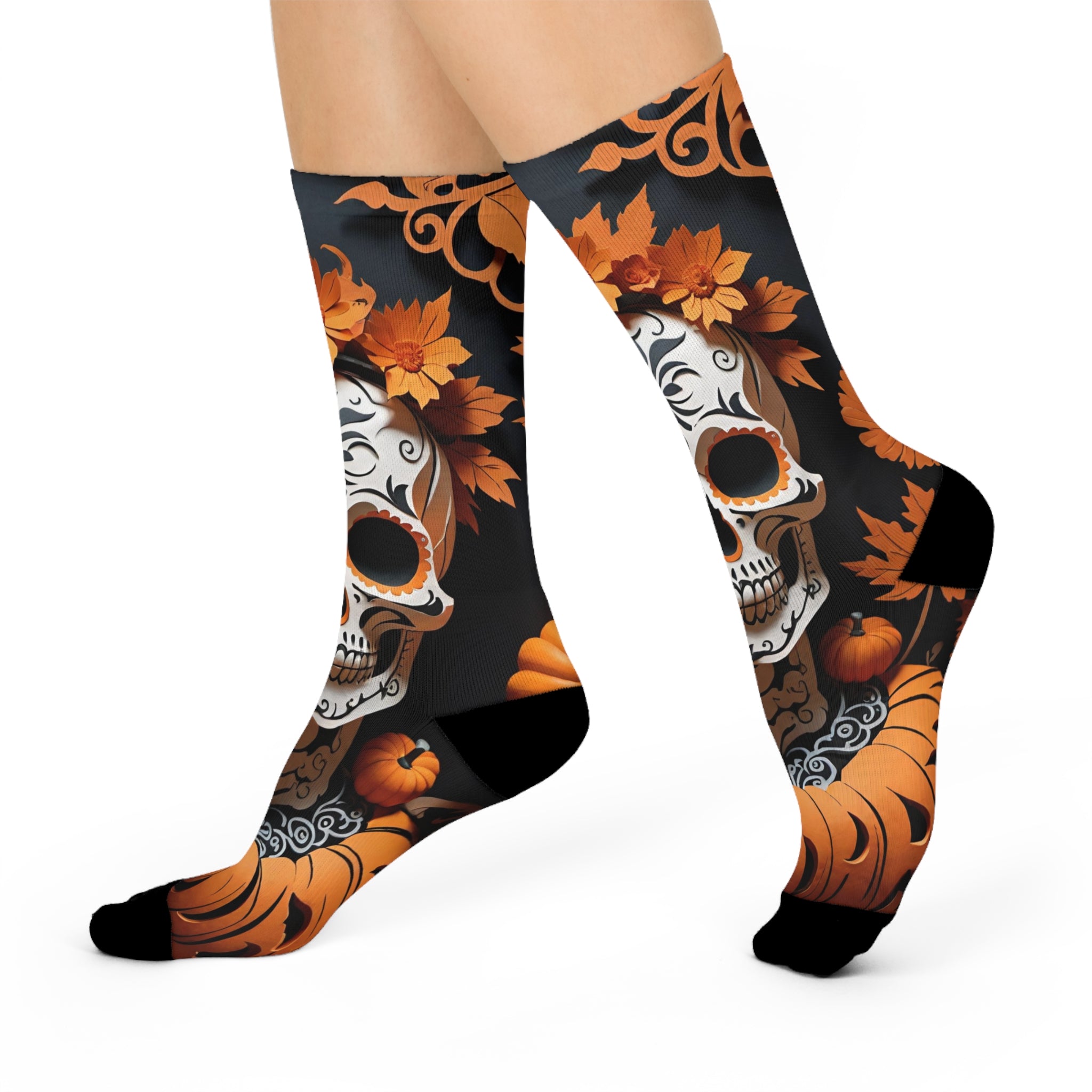 Sugar Skull Pumpkin Crew Socks | Day of the Dead Halloween Floral Skull Socks