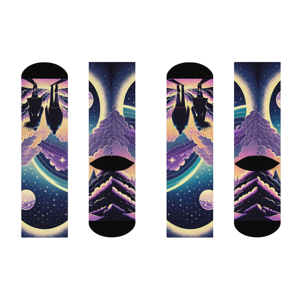 Moonlit Hiker Night Sky Cushioned Crew Socks | Surreal Starfield Design