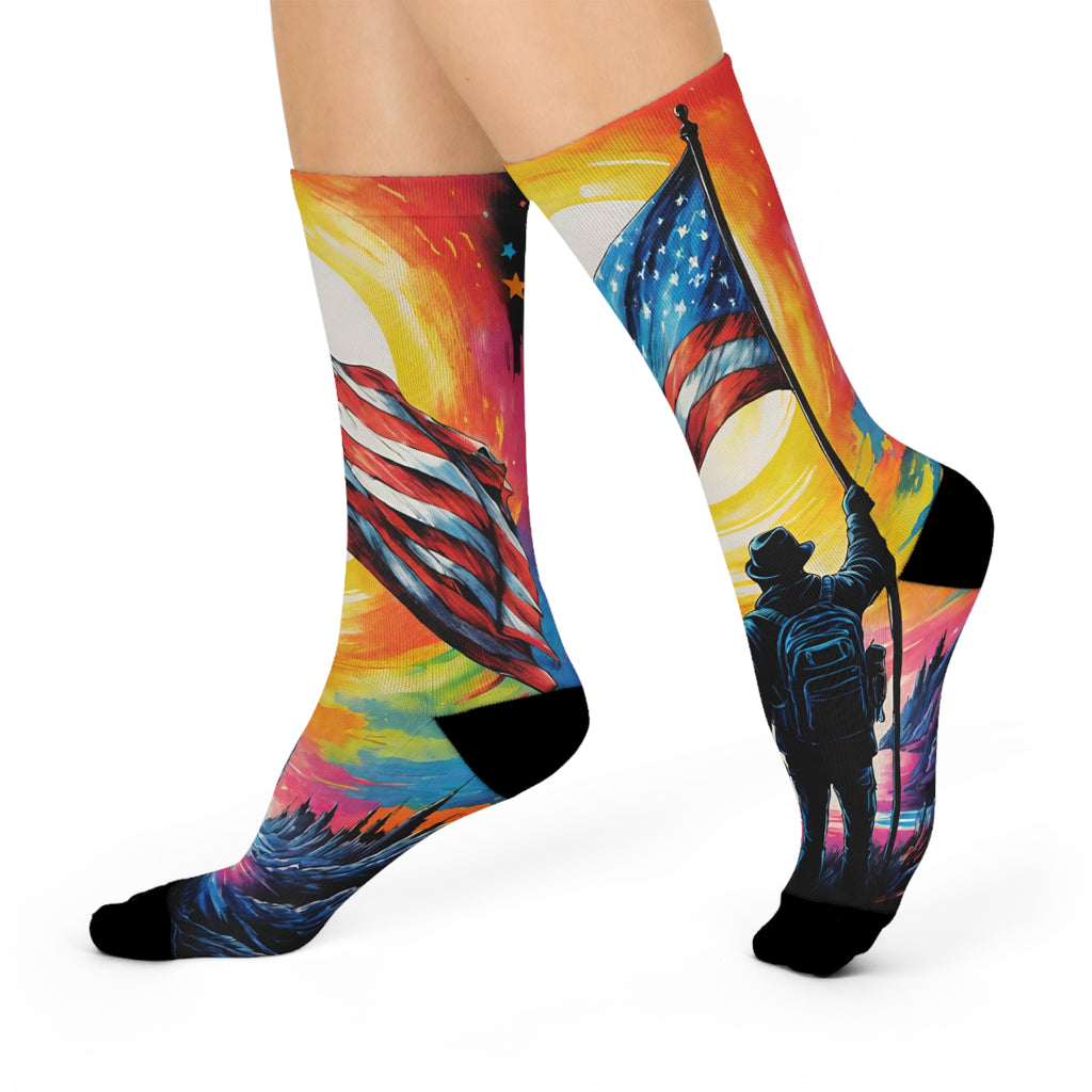 Soldier Holding American Flag Cushioned Crew Socks | Patriotic Sunset Design