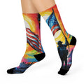 Soldier Holding American Flag Cushioned Crew Socks | Patriotic Sunset Design