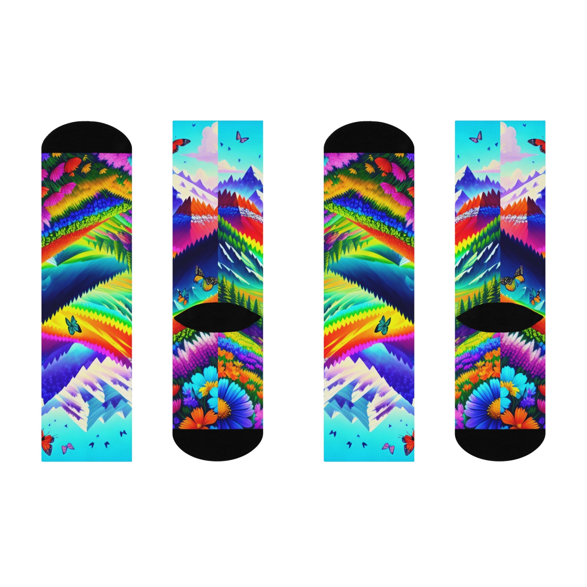 Rainbow Alpine Mountain Crew Socks-Vibrant Butterfly and Snowy Peak Art 2