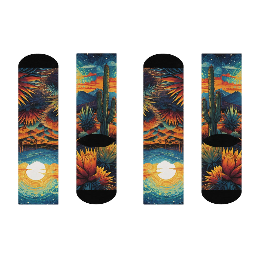 Desert Sunset Landscape Cushioned Crew Socks | Cactus, Sun, Mountains, rocks