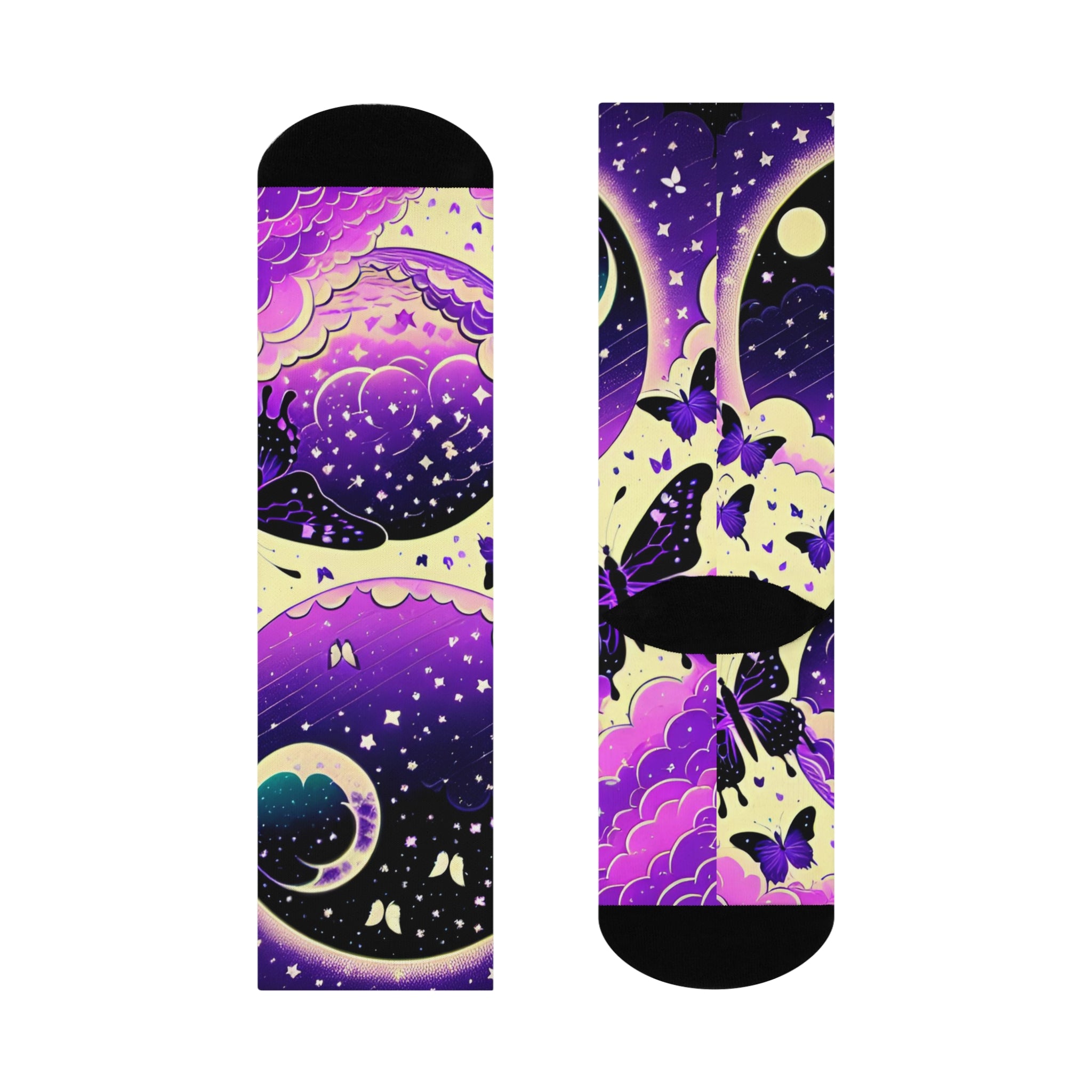 Moonlit Butterfly Night Socks | Purple Galaxy Crew Socks