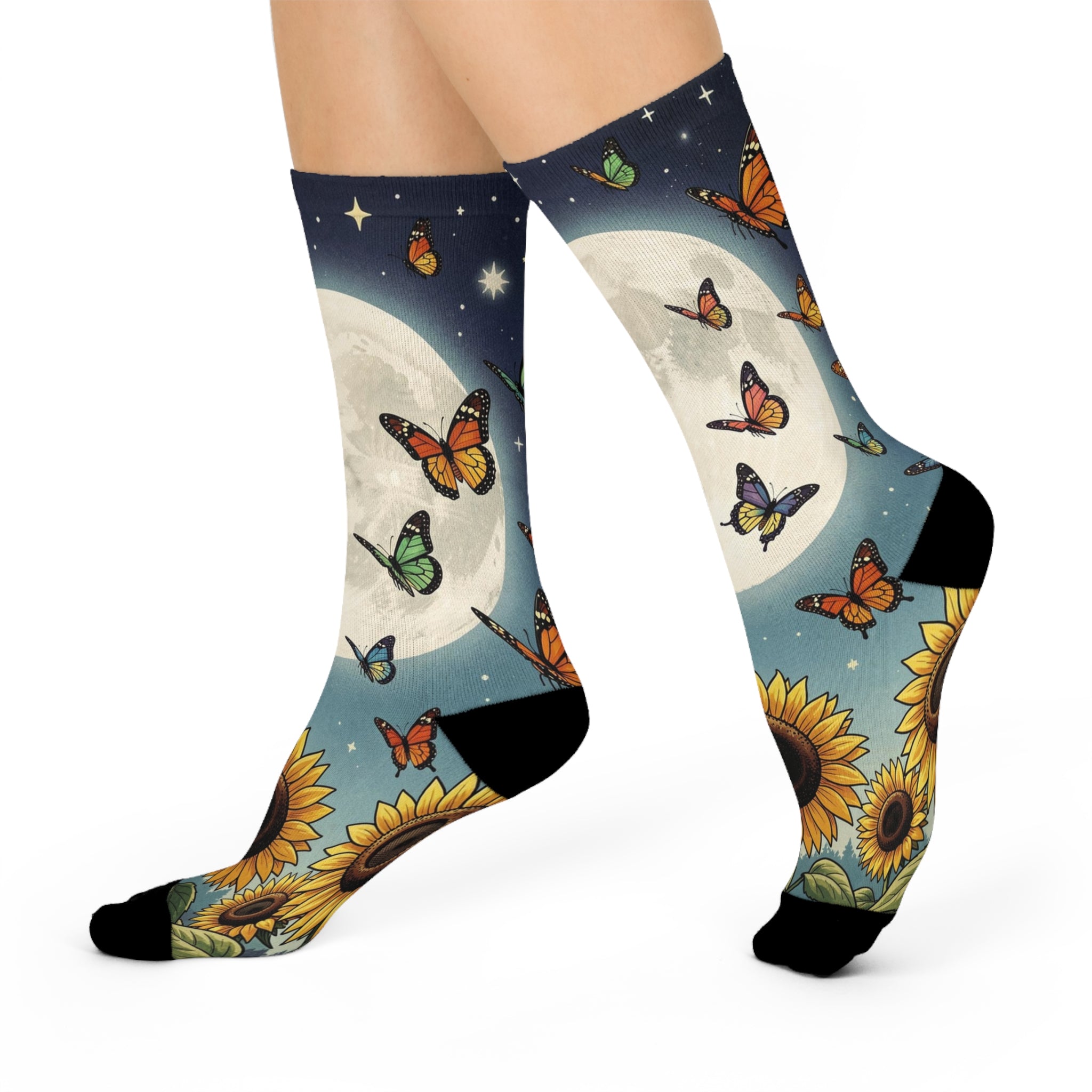 Moonlit Sunflowers Butterfly Crew Socks | Moon and Stars Night Sky Socks