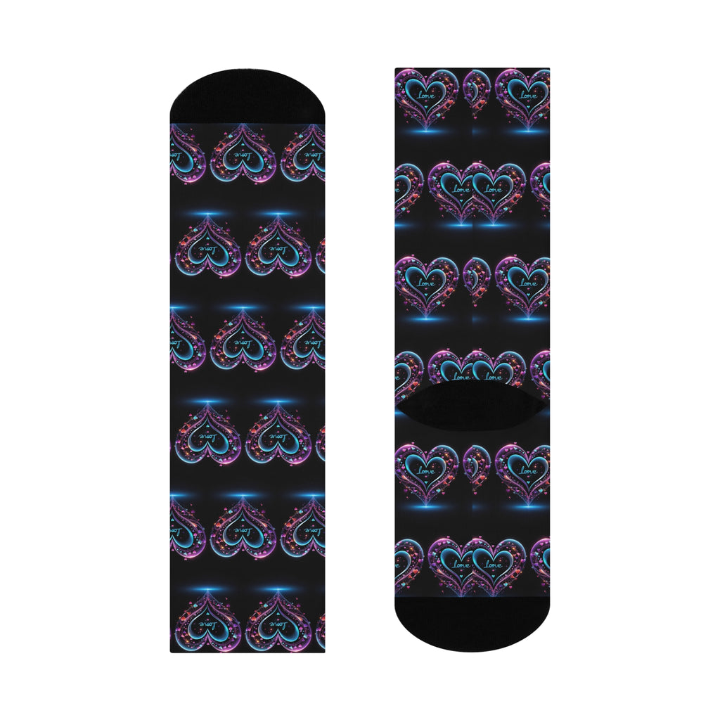 Midnight Ethereal Heart Crew Socks - Glowing Neon Love Pattern Socks