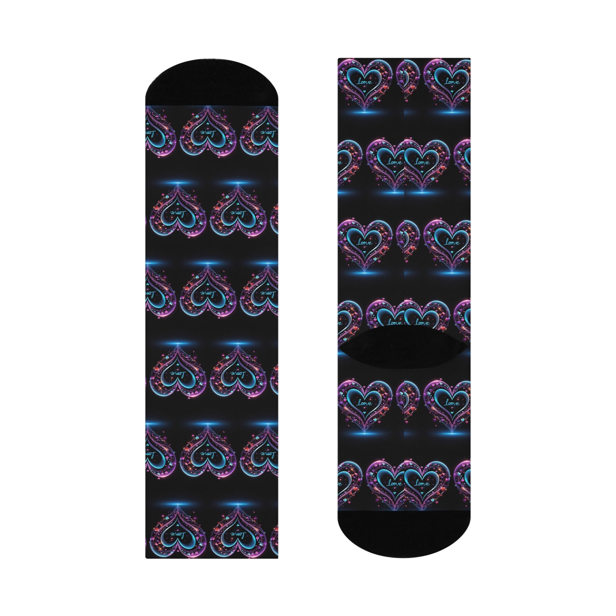 Midnight Ethereal Heart Crew Socks - Glowing Neon Love Pattern Socks