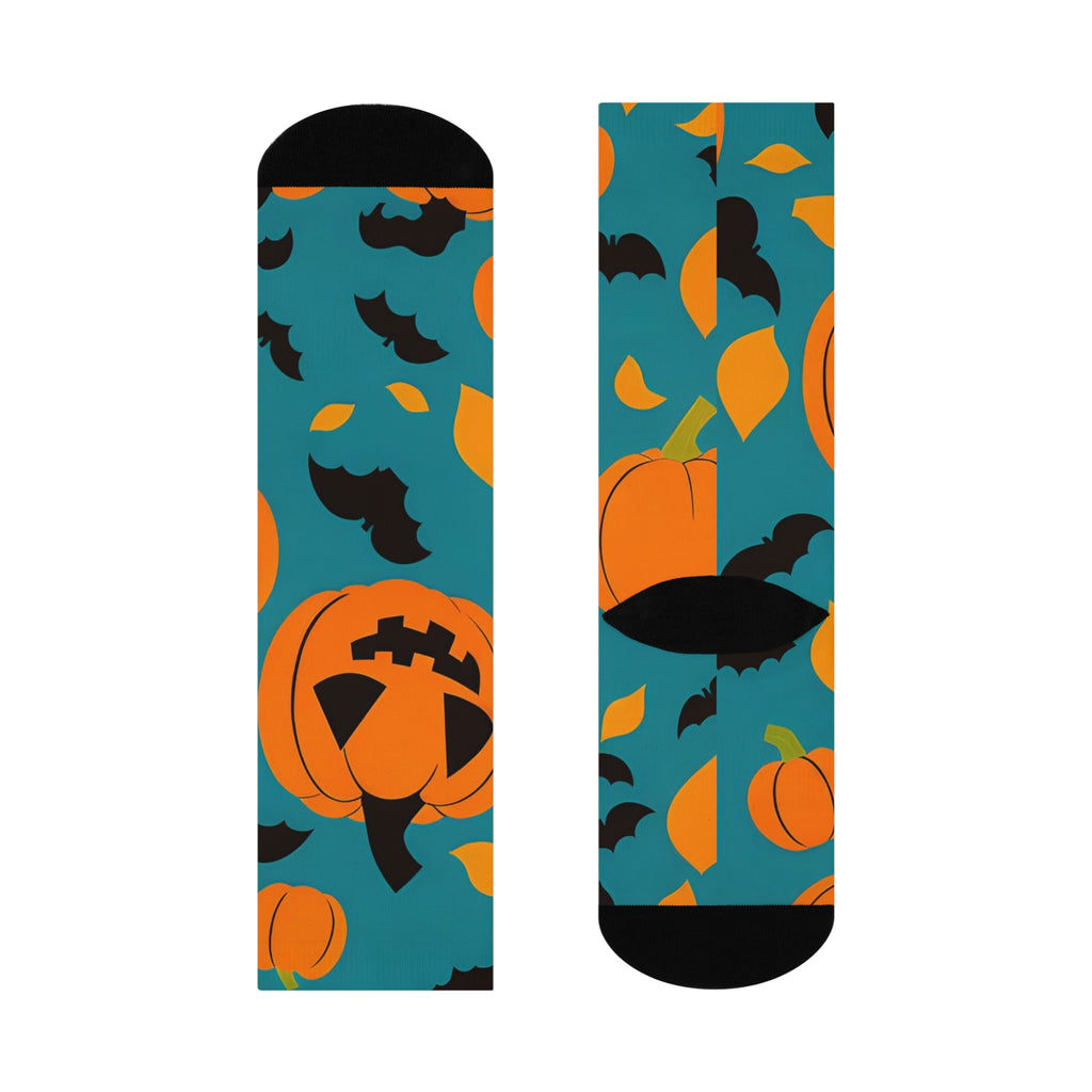 Jack-o'-Lantern Pumpkin and Bats Cushioned Crew Socks | Halloween | Teal Background