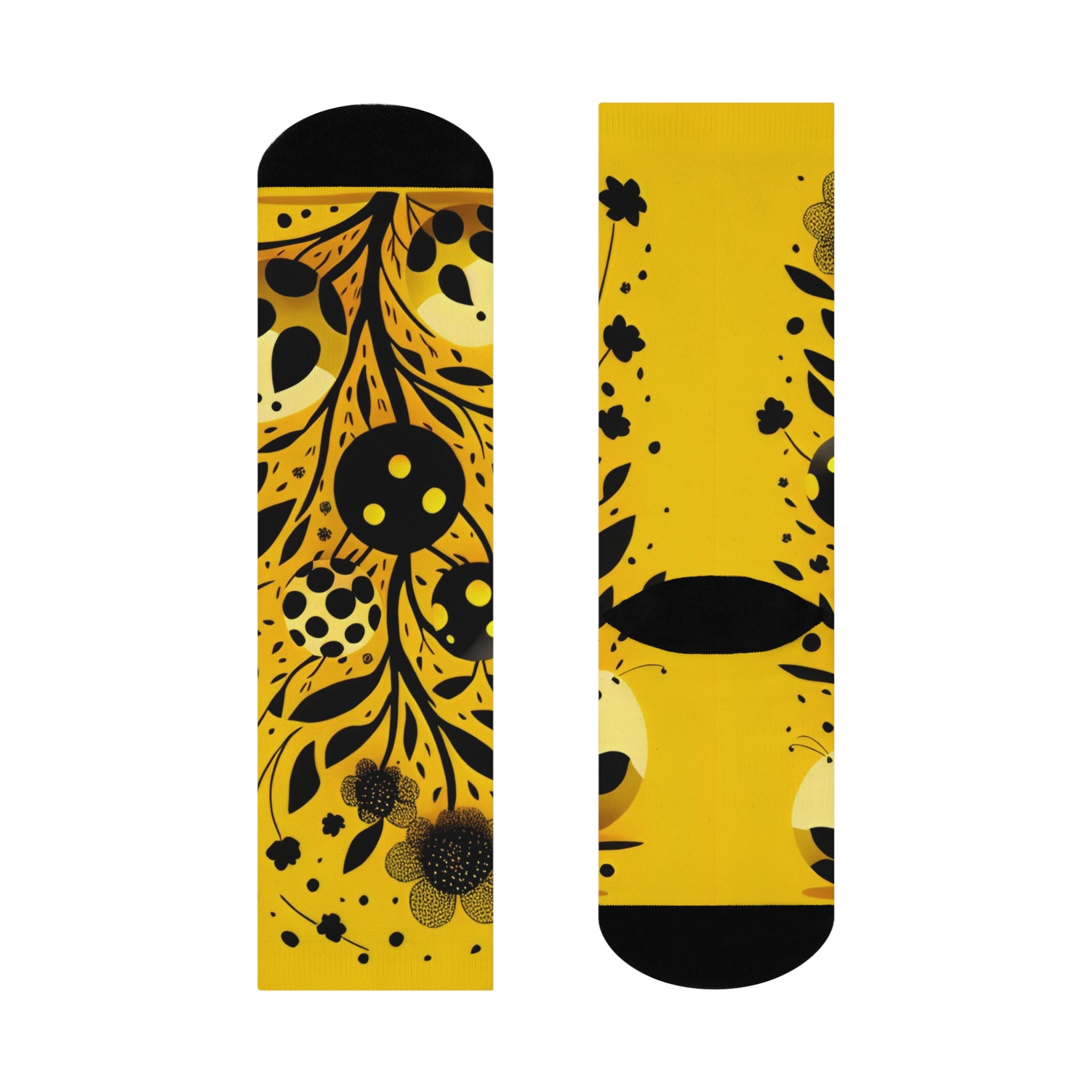 The Golden Botanical Meadow Socks- Mustard Yellow Floral & leaf silhouette Art