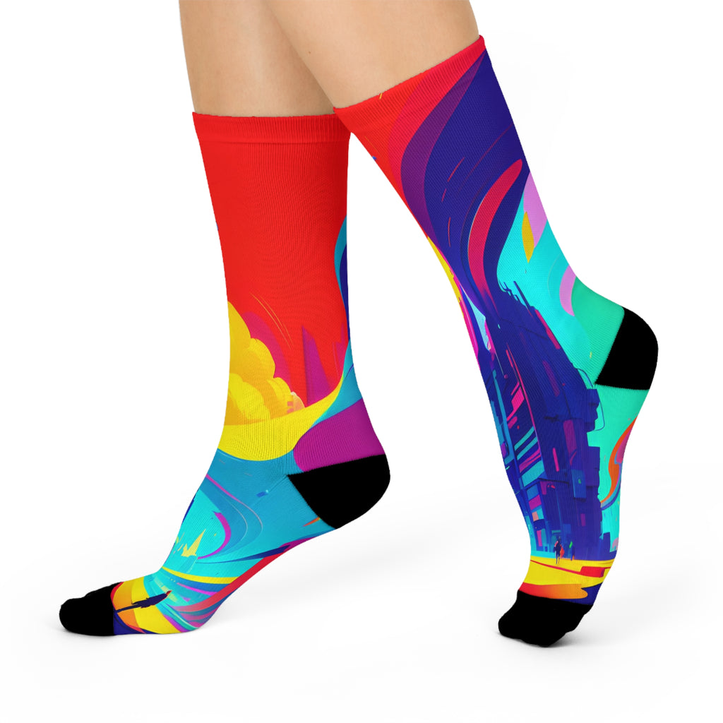 Cyberpunk Dream City Crew Socks Futuristic Sci Fi Landscape Footwear Vibrant Colorful Silhouette Casual Socks