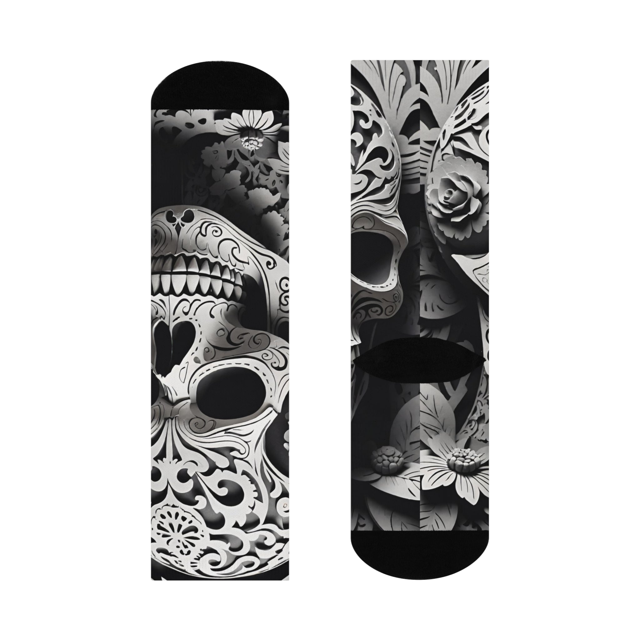 Skull Calavera Cushioned Crew Socks | Day of the Dead Black & White