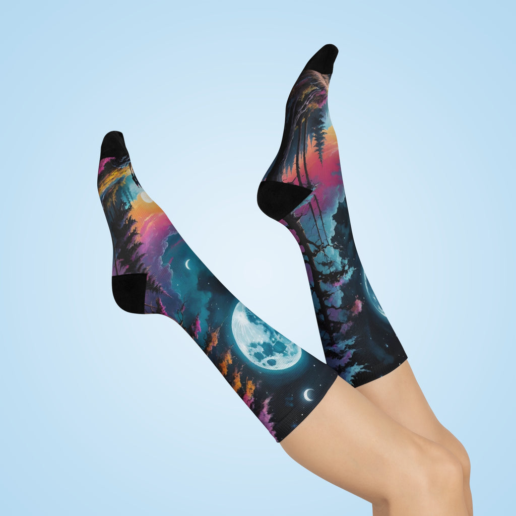 Moonlit Forest Crew Socks | Night Sky Full Moon Landscape