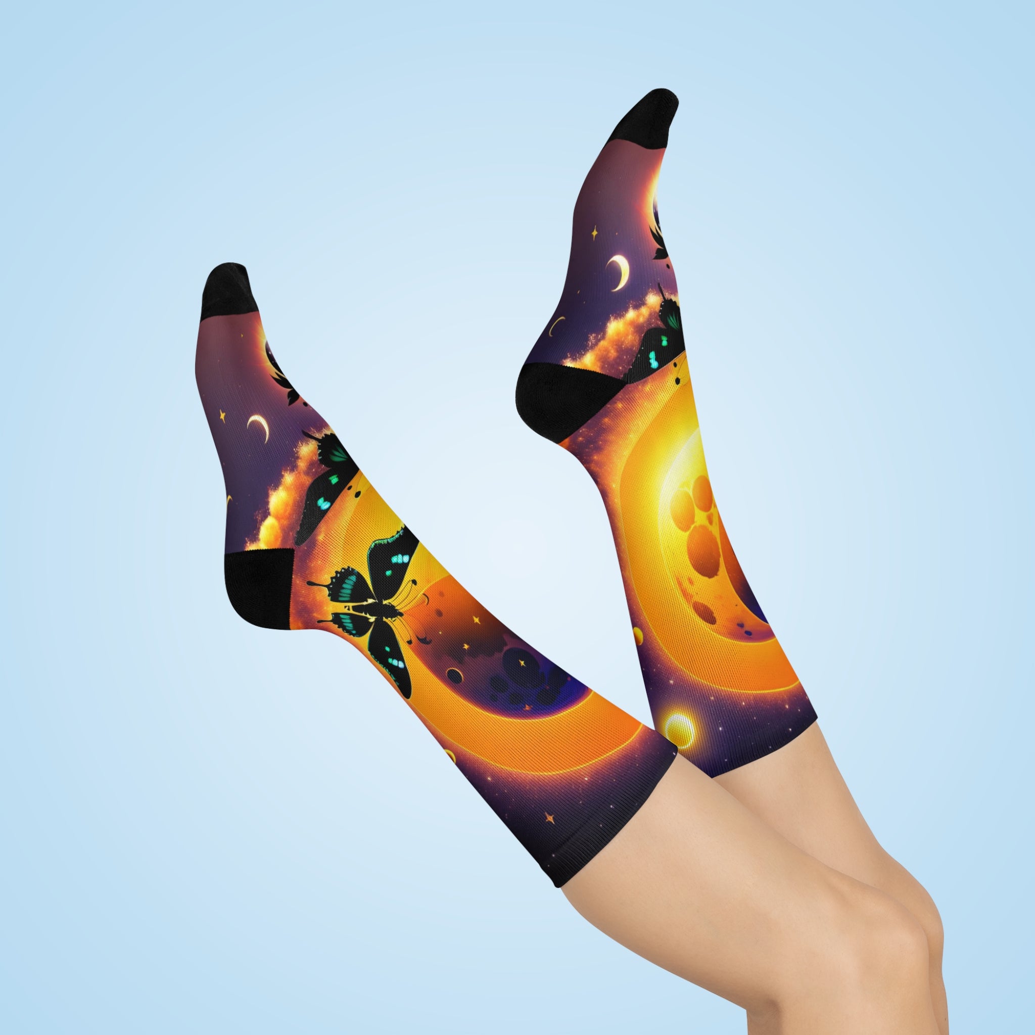 Surreal Sunset Moon Butterfly Crew Socks | Cosmic Night Sky