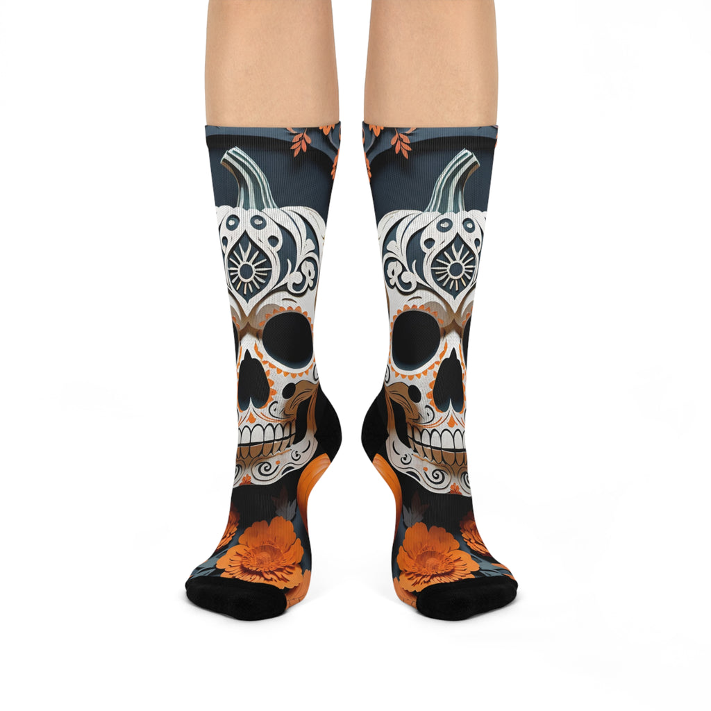 Sugar Skull Pumpkin Socks | Halloween Day of the Dead Crew Socks