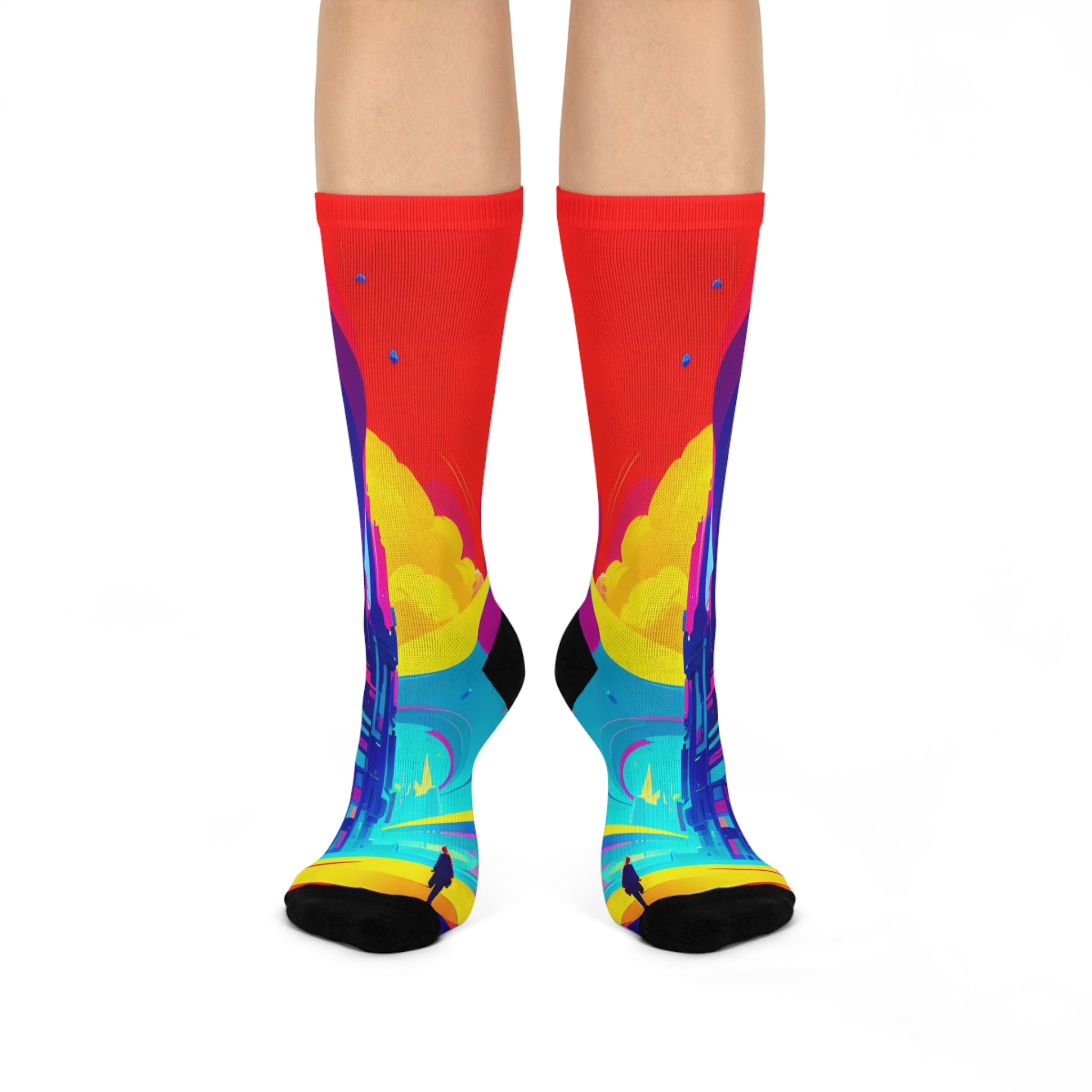 Cyberpunk Dream City Crew Socks Futuristic Sci Fi Landscape Footwear Vibrant Colorful Silhouette Casual Socks