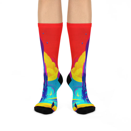 Cyberpunk Dream City Crew Socks Futuristic Sci Fi Landscape Footwear Vibrant Colorful Silhouette Casual Socks