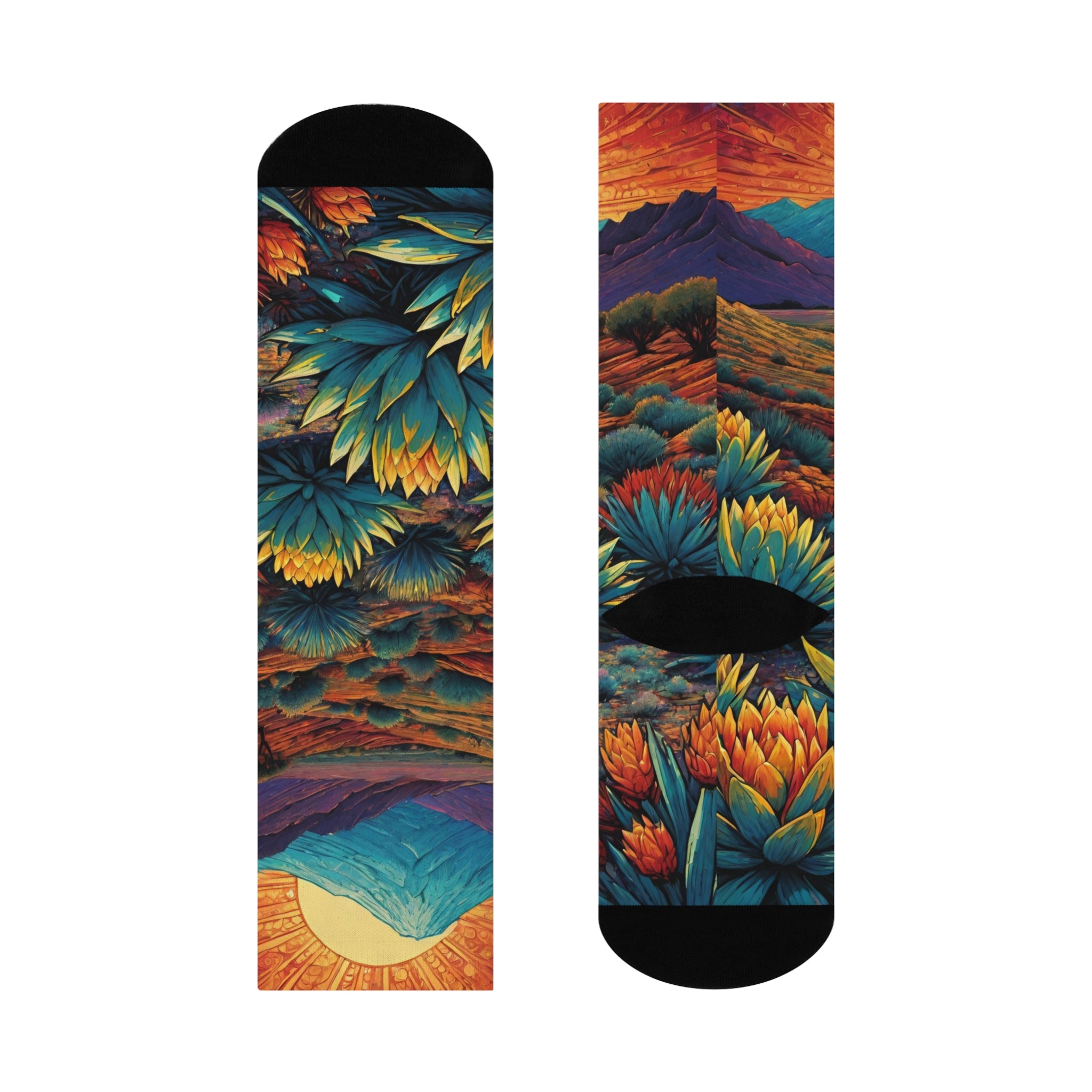 Golden Agave Desert Sunrise Crew Socks - Vibrant Southwest Landscape Art