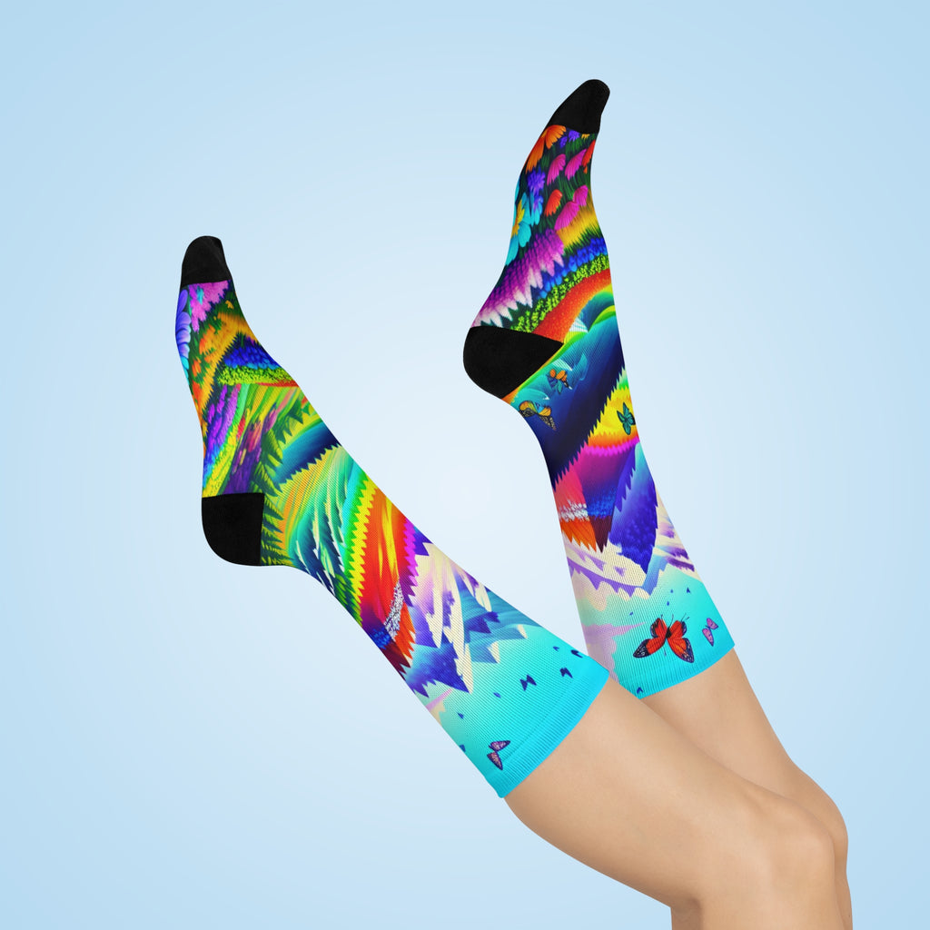 Rainbow Alpine Mountain Crew Socks-Vibrant Butterfly and Snowy Peak Art 2