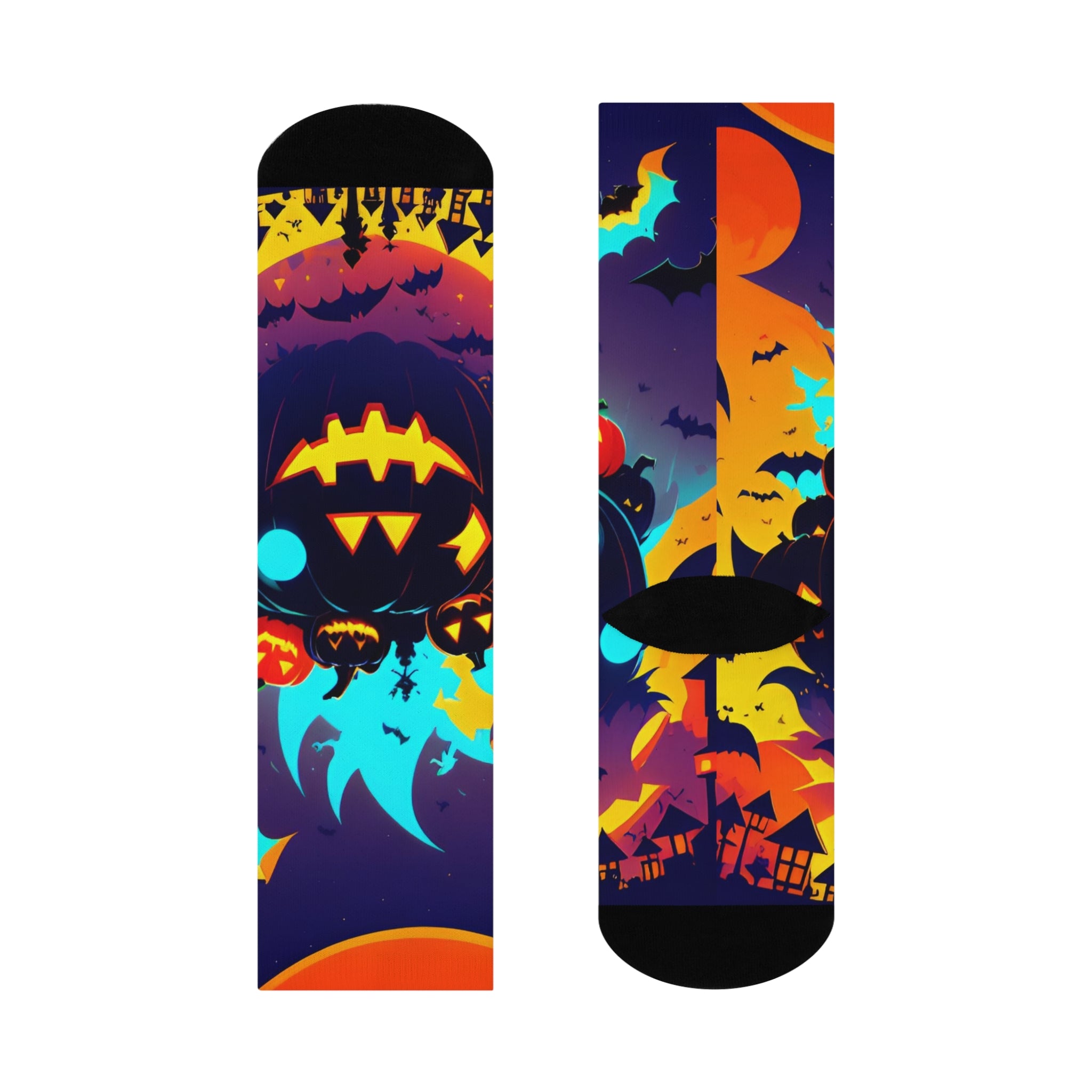 Pumpkin Night Scene Cushioned Crew Socks | Halloween Jack-o'-Lantern Bats