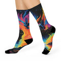 Rainbow Phoenix Socks | Colorful Bird Crew Socks, Cosmic Flame Design