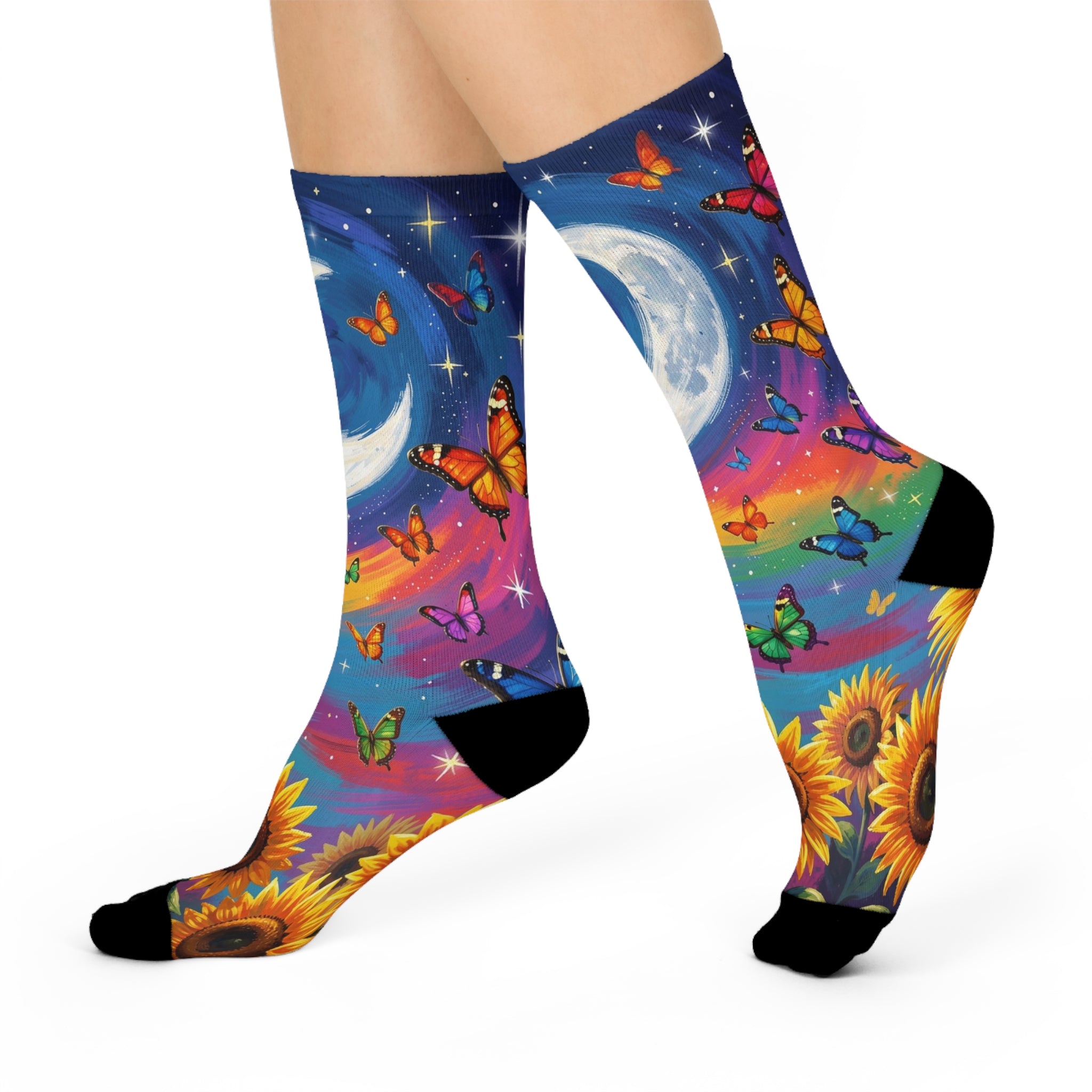 Moon, Rainbow & Sunflower Butterfly Cushioned Crew Socks | Vibrant All-Over Print