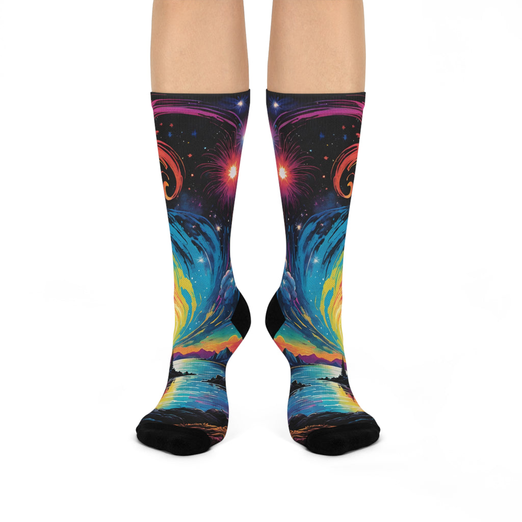 Cosmic Sunrise Landscape Crew Socks | Galaxy Night Sky, Colorful Swirl