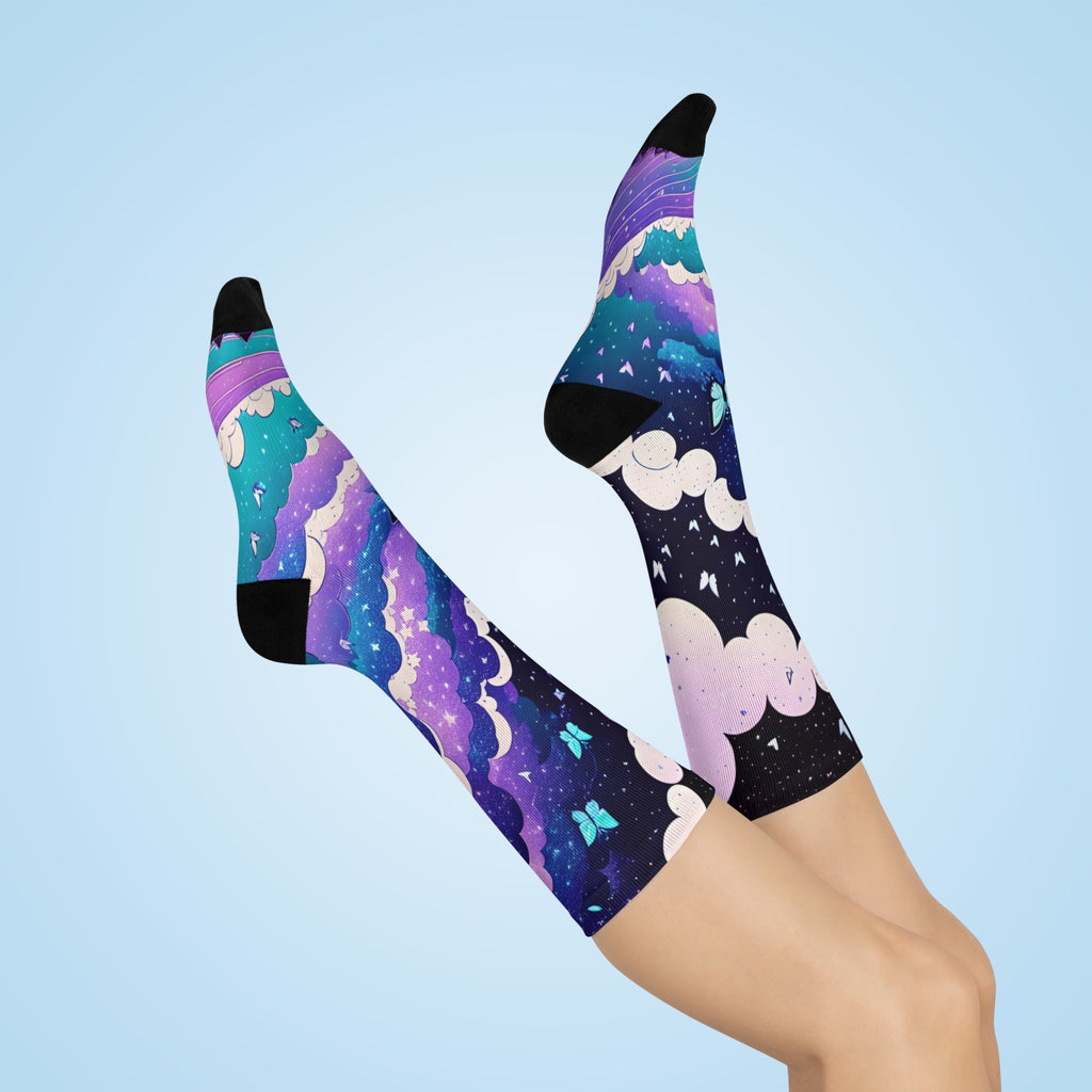 Galaxy Cloud Butterflies Cushioned Crew Socks