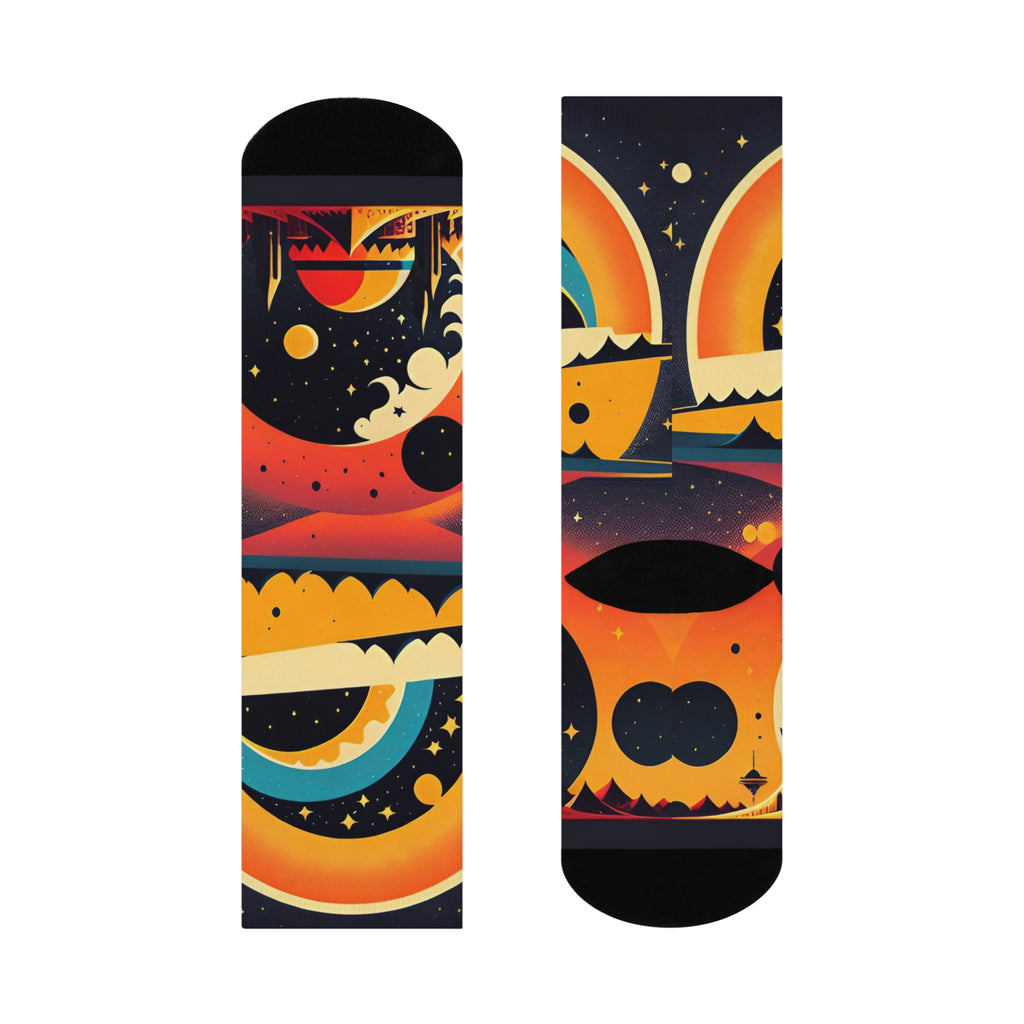Retro Rainbow Sunset Moon & Stars Cushioned Crew Socks | Cosmic Landscape