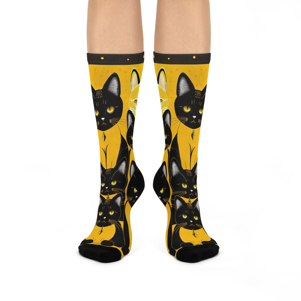 Regal Cat Pattern Socks - Artistic Black Cat and Ginger Tabby Print