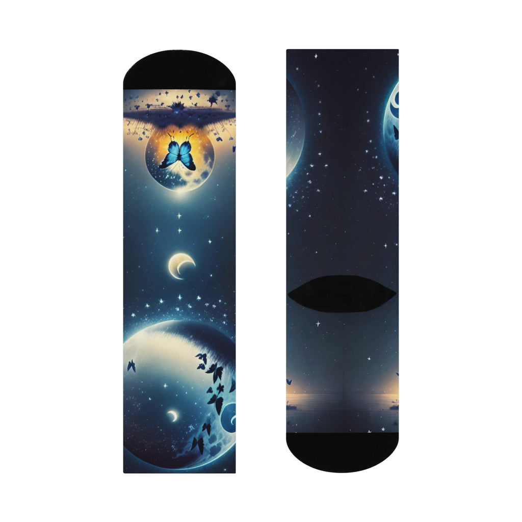 Celestial Butterfly Galaxy Socks - Cosmic Moonlight and Butterfly Silhouette