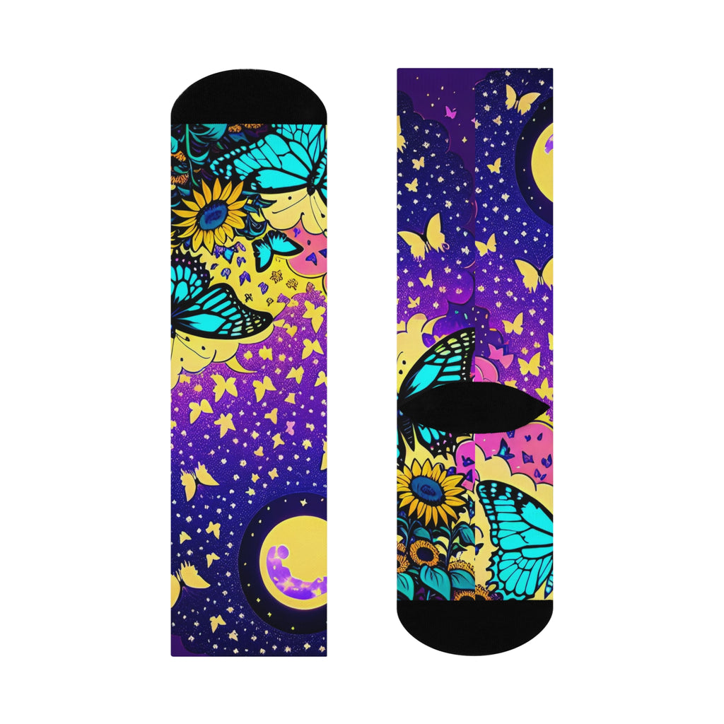 Moonlit and Blue Butterflies Sunflower Crew Socks | Purple Blue Gradient Night Sky