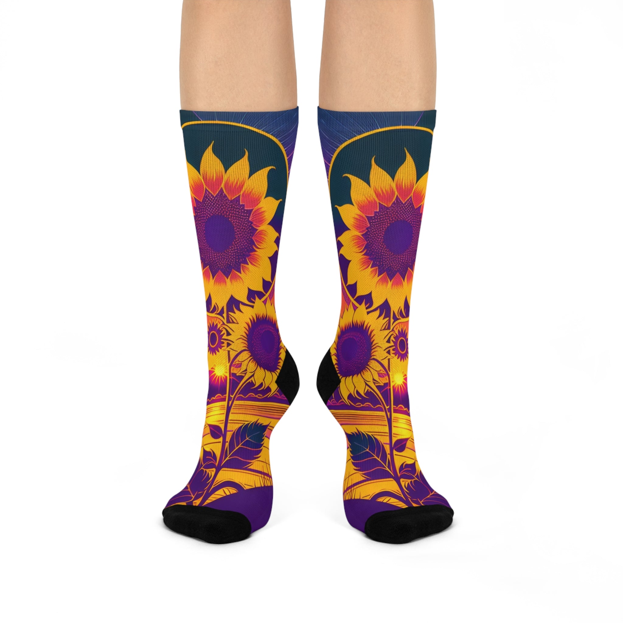 Cosmic Sunflower Sunset Crew Socks -Boho Mountain Landscape Art