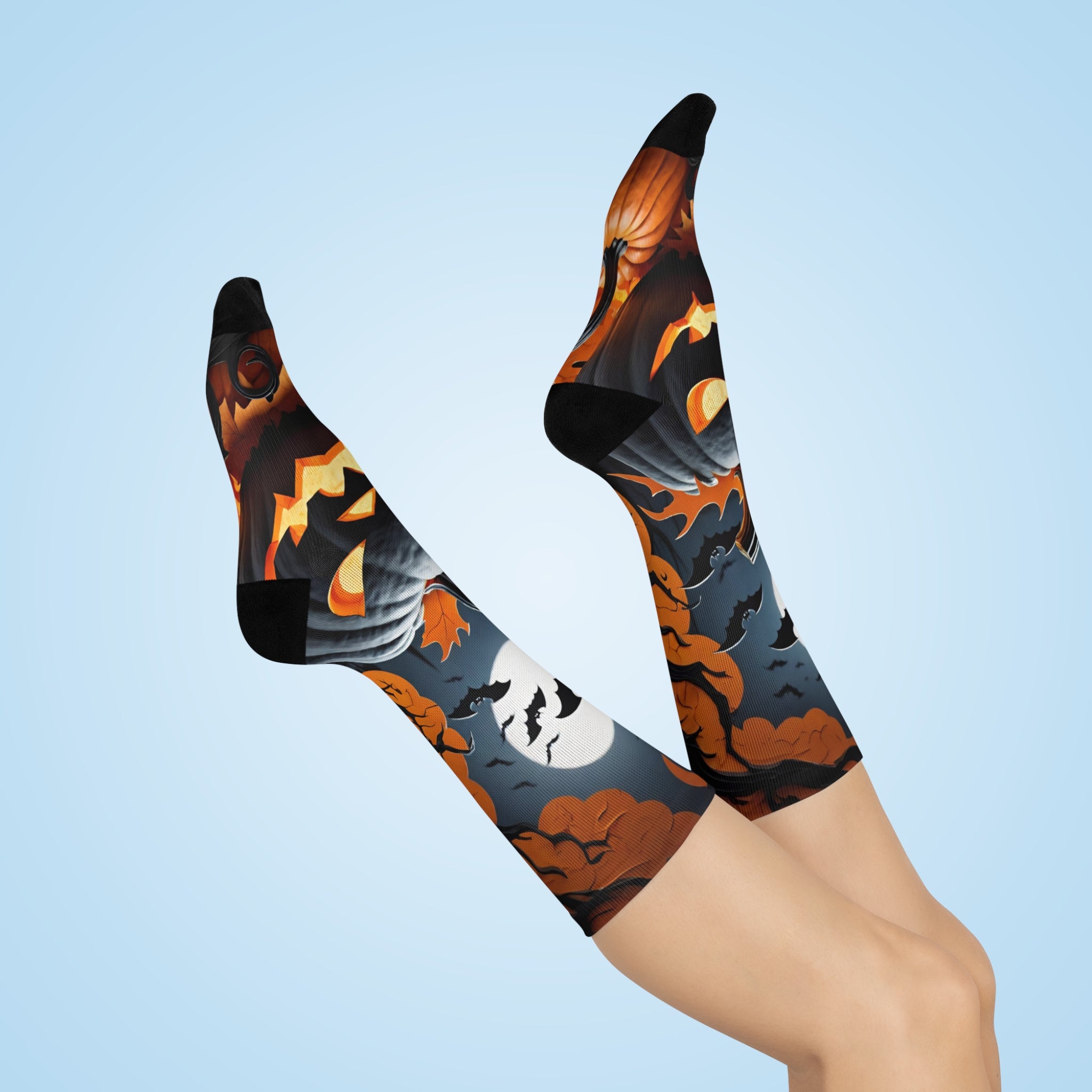 Jack-O'-Lantern Pumpkin Night Scene Crew Socks | Halloween Pumpkin Socks