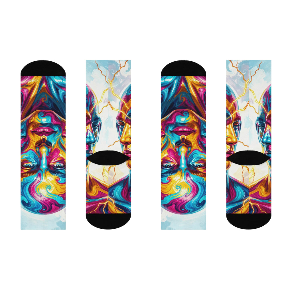 Psychedelic Cosmic Mind Crew Socks - Colorful Surreal Abstract Face Long Socks; Vibrant Spiritual Swirl Pattern Apparel.