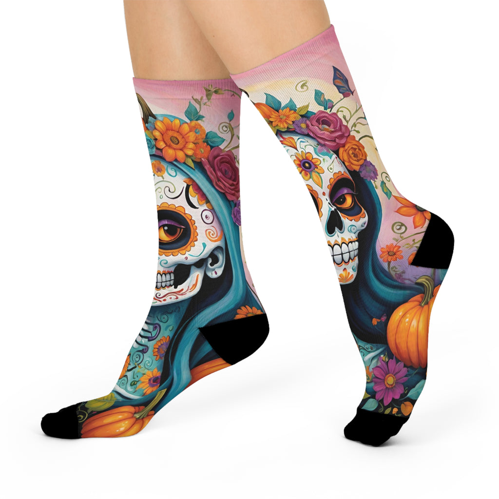Sugar Skull Floral Crew Socks | Day of the Dead Calavera Design