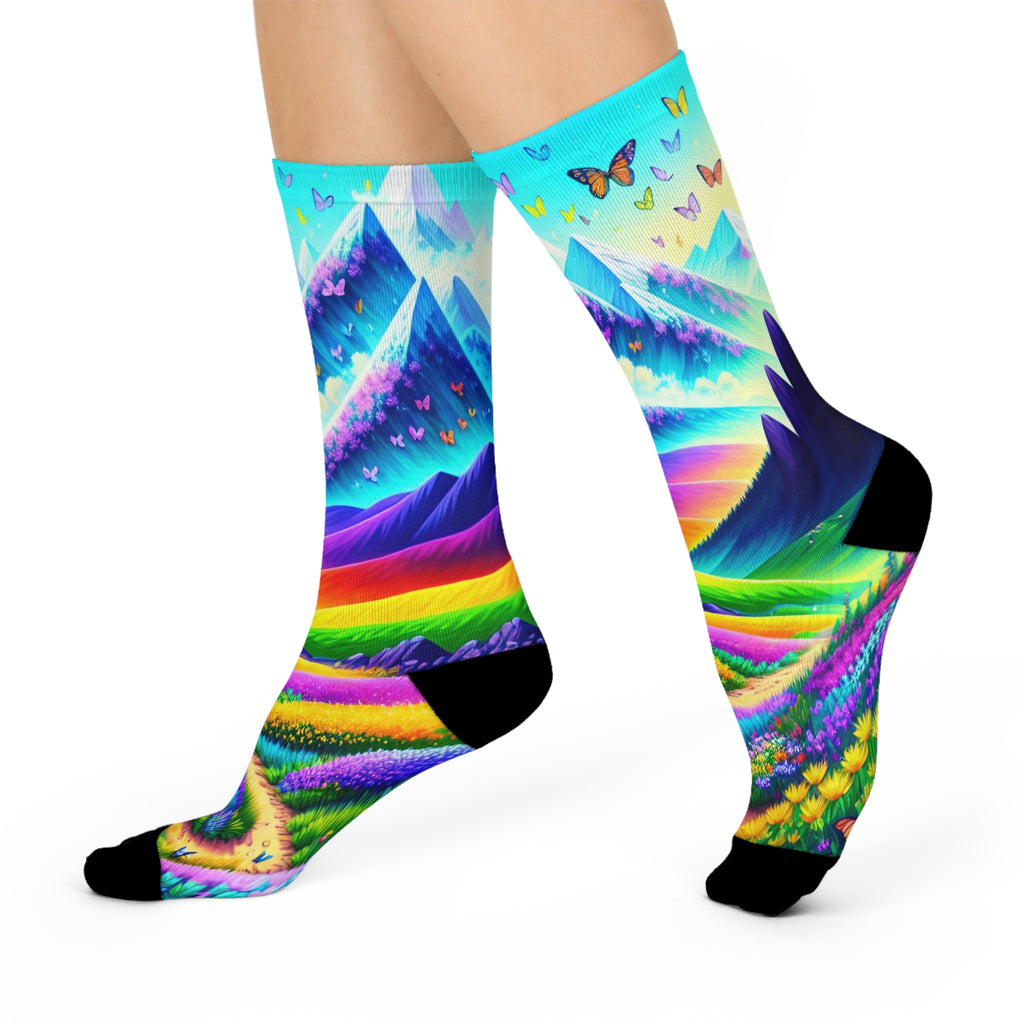 Rainbow Alpine Mountain Crew Socks - Vibrant Butterfly and Snowy Peak Art 1