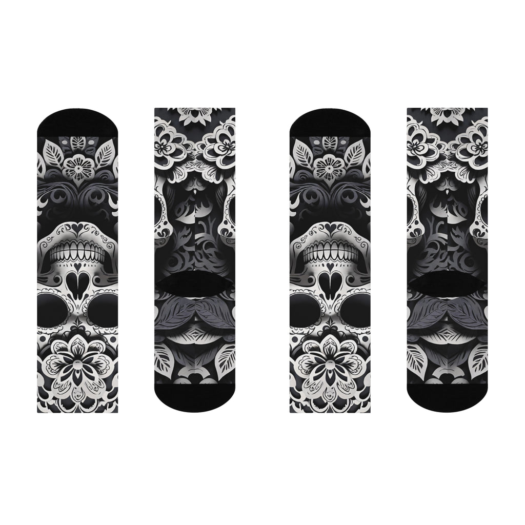 Sugar Skull Floral Cushioned Crew Socks | Day of the Dead Black White