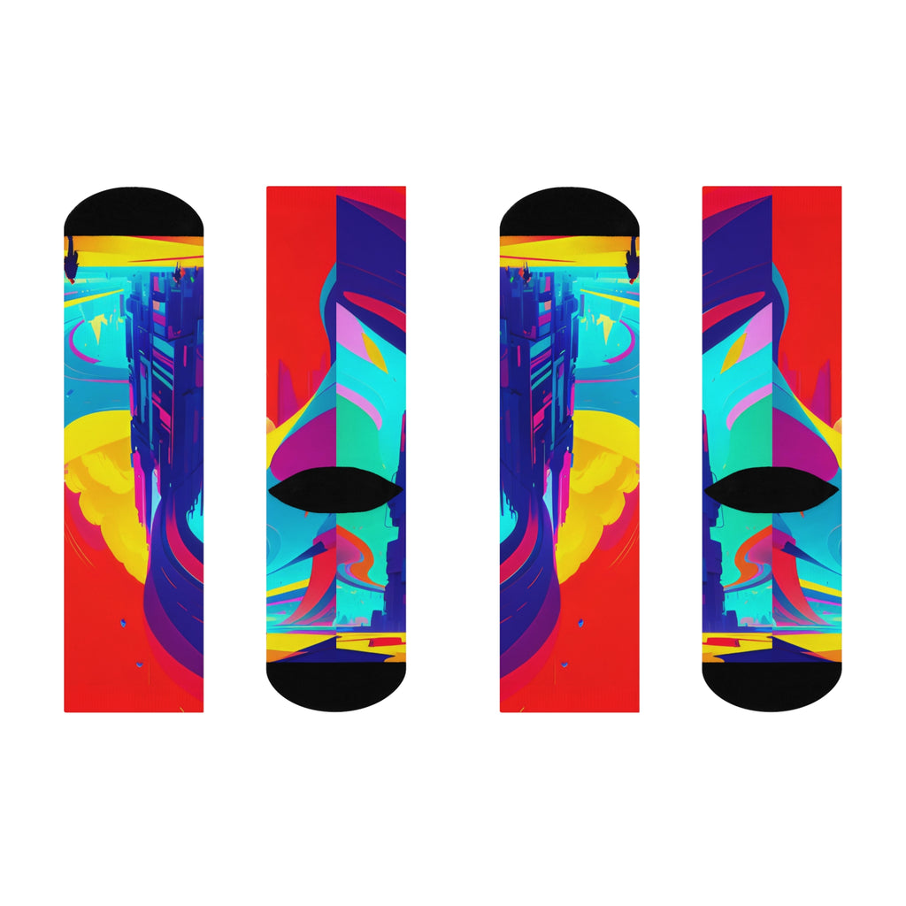 Cyberpunk Dream City Crew Socks Futuristic Sci Fi Landscape Footwear Vibrant Colorful Silhouette Casual Socks